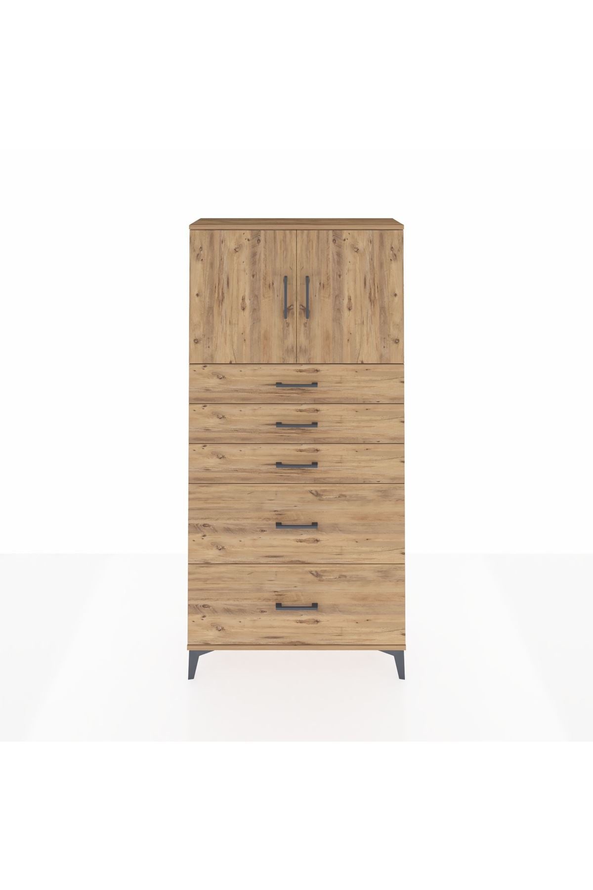 Arges Dolap 2 Raflı 5 Çekmeceli 2 Kapaklı 88x30x182 Çam-Çam