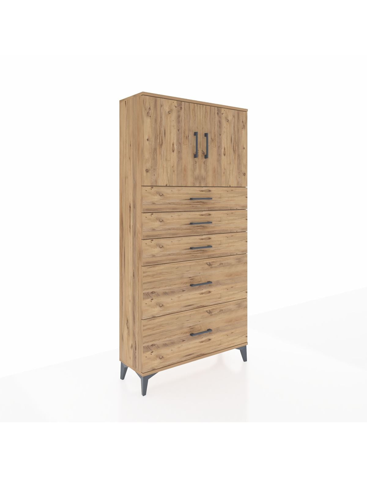 Arges Dolap 2 Raflı 5 Çekmeceli 2 Kapaklı 88x30x182 Çam-Çam