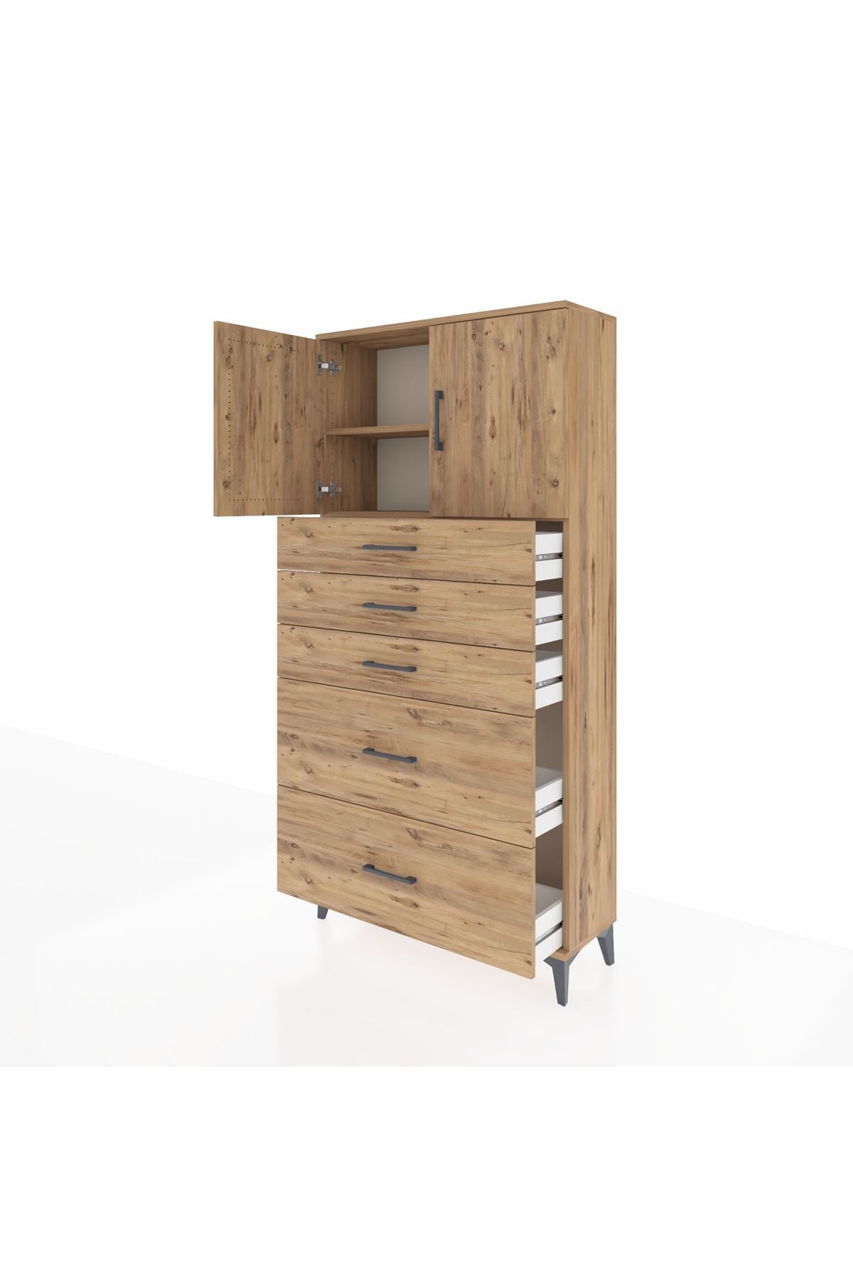 Arges Dolap 2 Raflı 5 Çekmeceli 2 Kapaklı 88x30x182 Çam-Çam