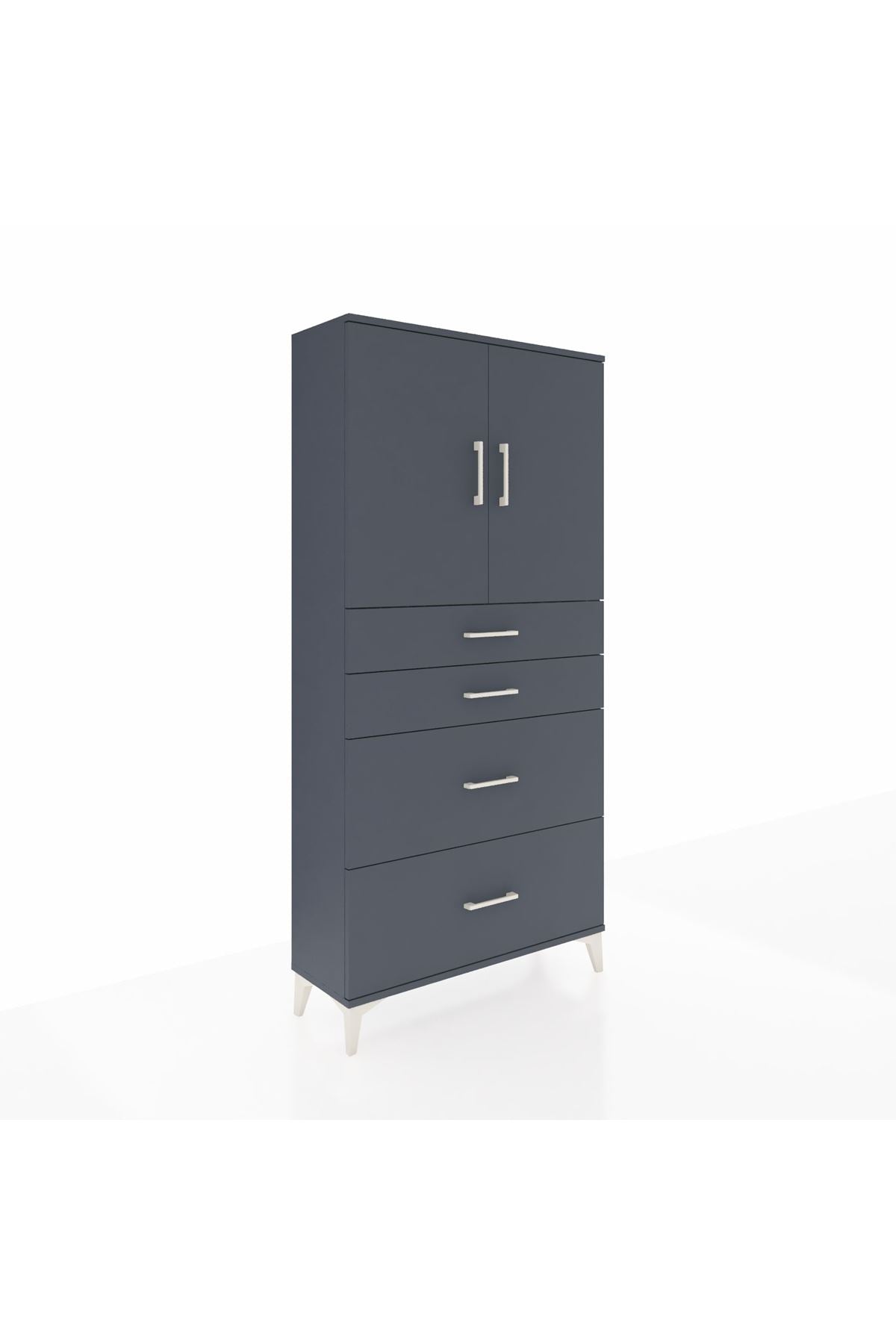 Arges Dolap 2 Raflı 4 Çekmeceli 2 Kapaklı 88x30x182 Antrasit-Antrasit