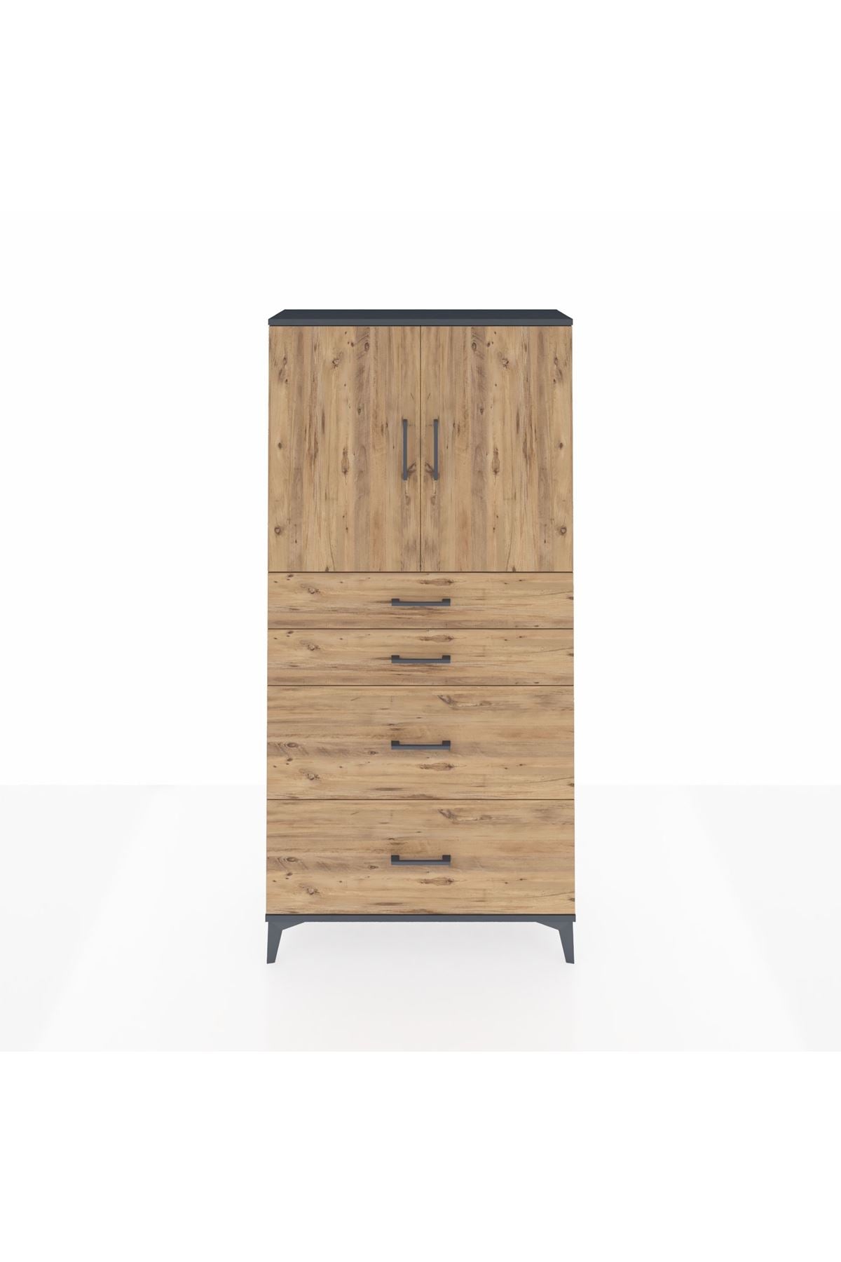 Arges Dolap 2 Raflı 4 Çekmeceli 2 Kapaklı 88x30x182 Antrasit-Çam