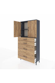 Arges Dolap 2 Raflı 4 Çekmeceli 2 Kapaklı 88x30x182 Antrasit-Çam