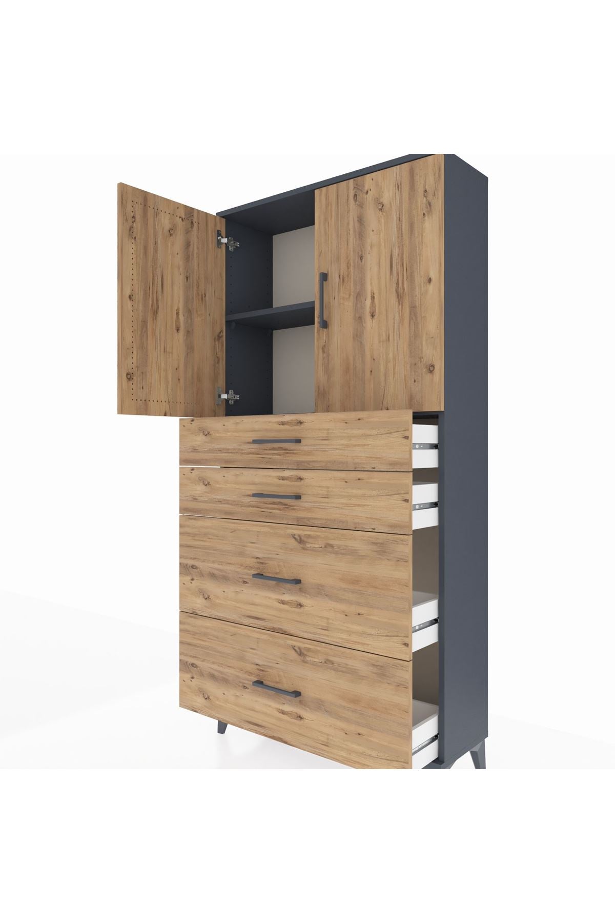 Arges Dolap 2 Raflı 4 Çekmeceli 2 Kapaklı 88x30x182 Antrasit-Çam