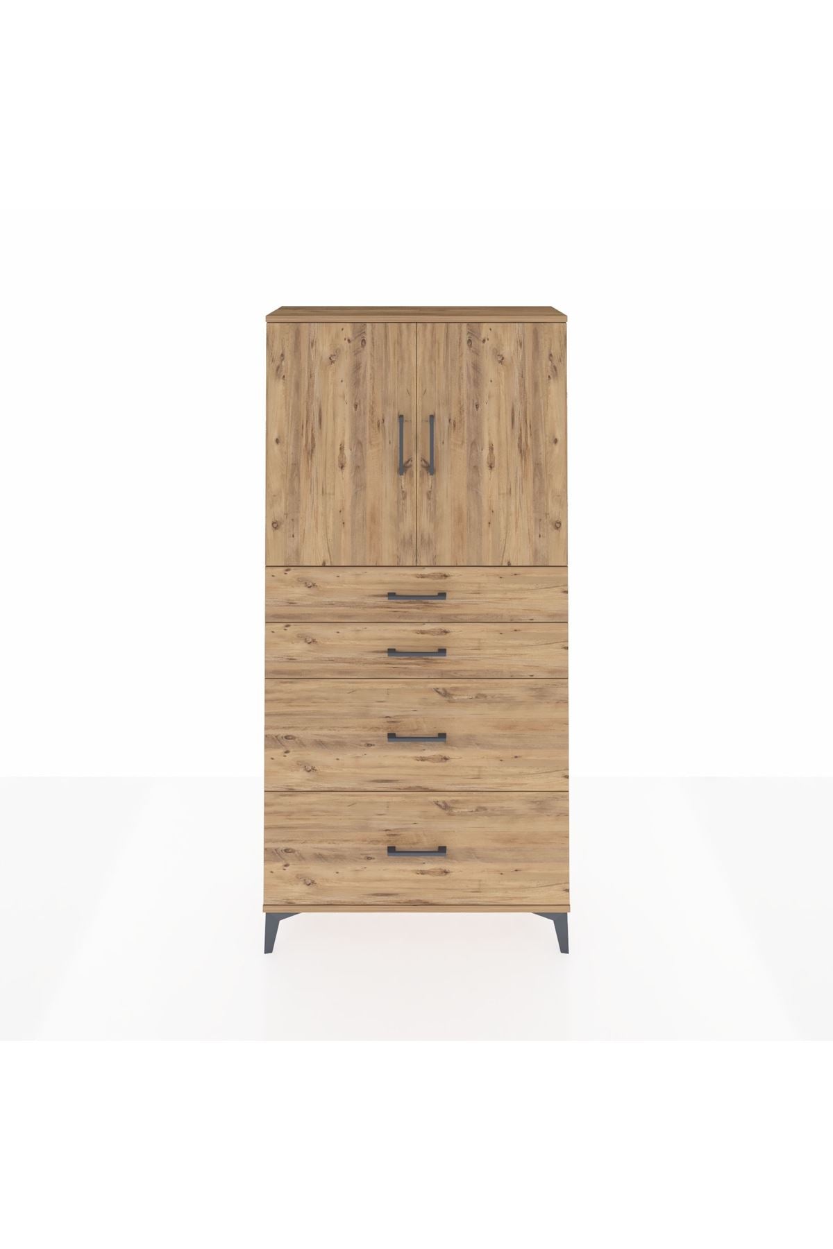 Arges Dolap 2 Raflı 4 Çekmeceli 2 Kapaklı 88x30x182 Çam-Çam