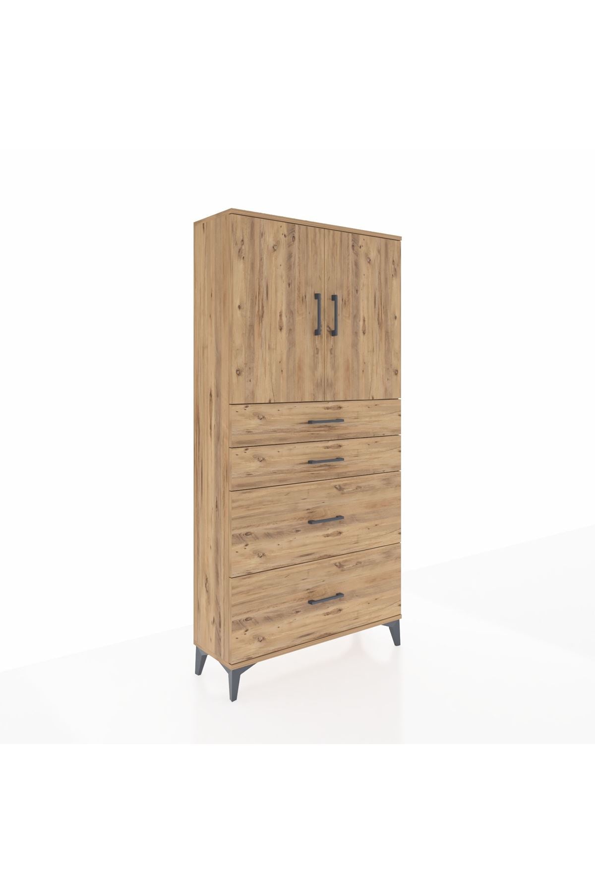 Arges Dolap 2 Raflı 4 Çekmeceli 2 Kapaklı 88x30x182 Çam-Çam