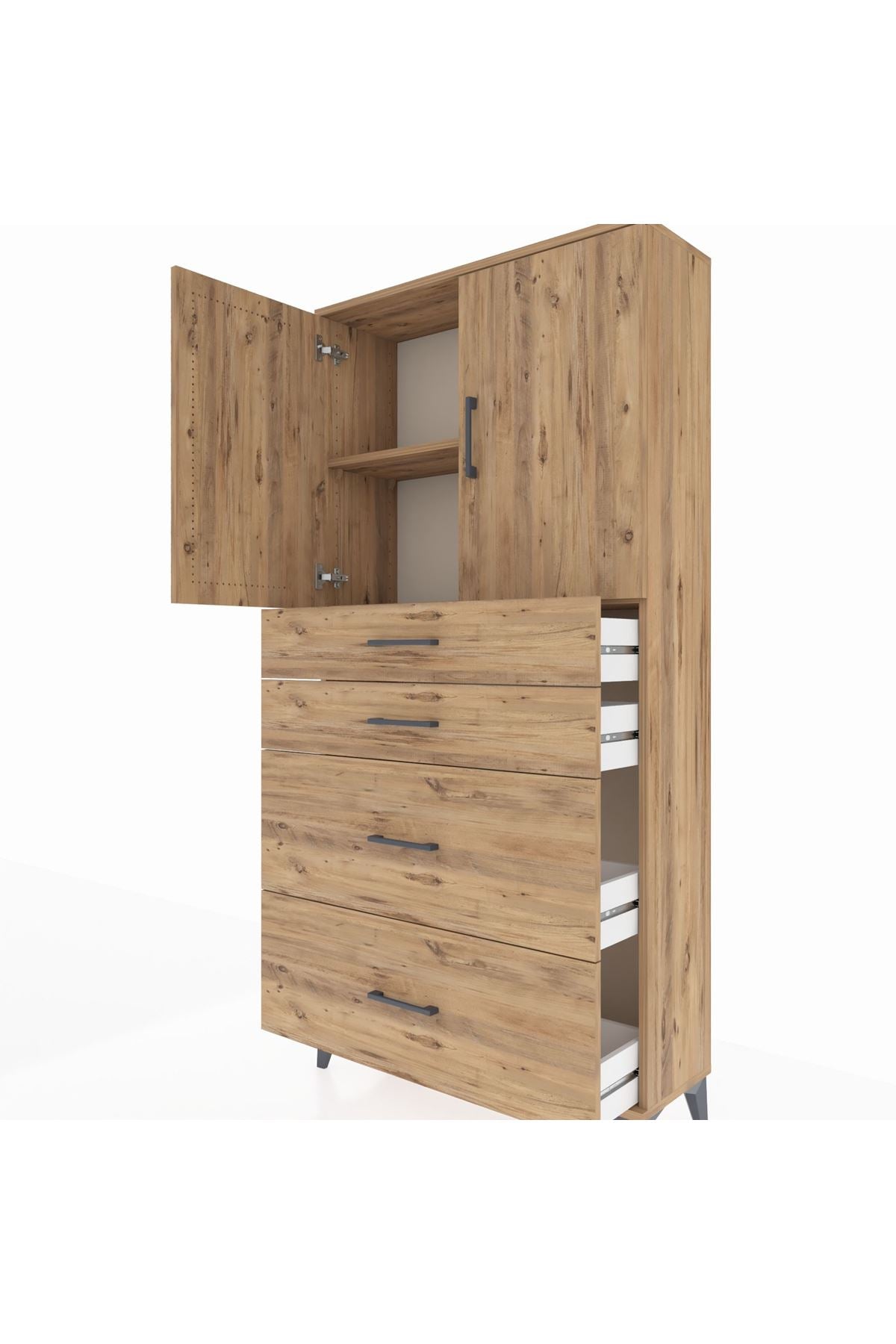 Arges Dolap 2 Raflı 4 Çekmeceli 2 Kapaklı 88x30x182 Çam-Çam