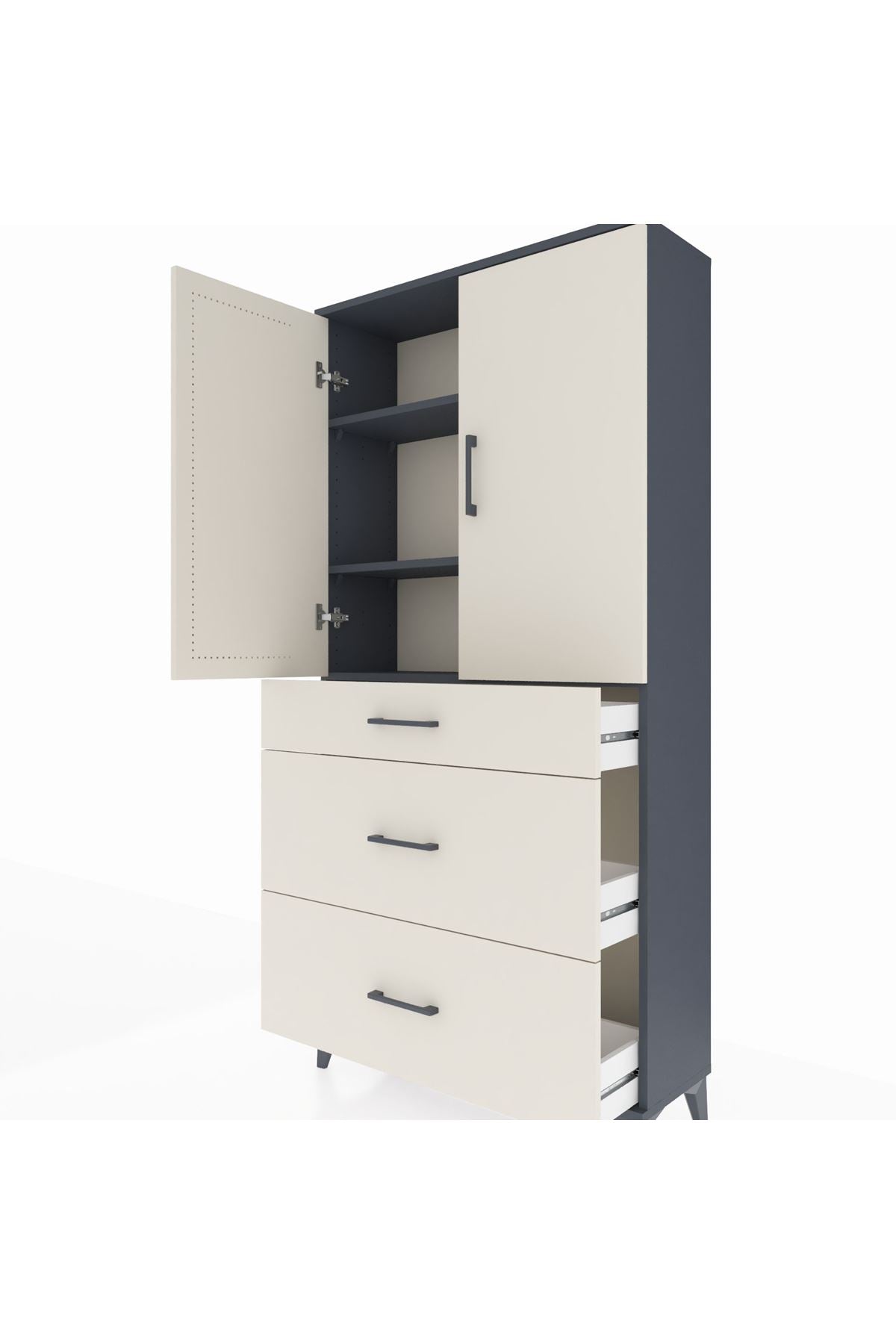 Arges Dolap 3 Raflı 3 Çekmeceli 2 Kapaklı 88x30x182 Antrasit-Aytaşı