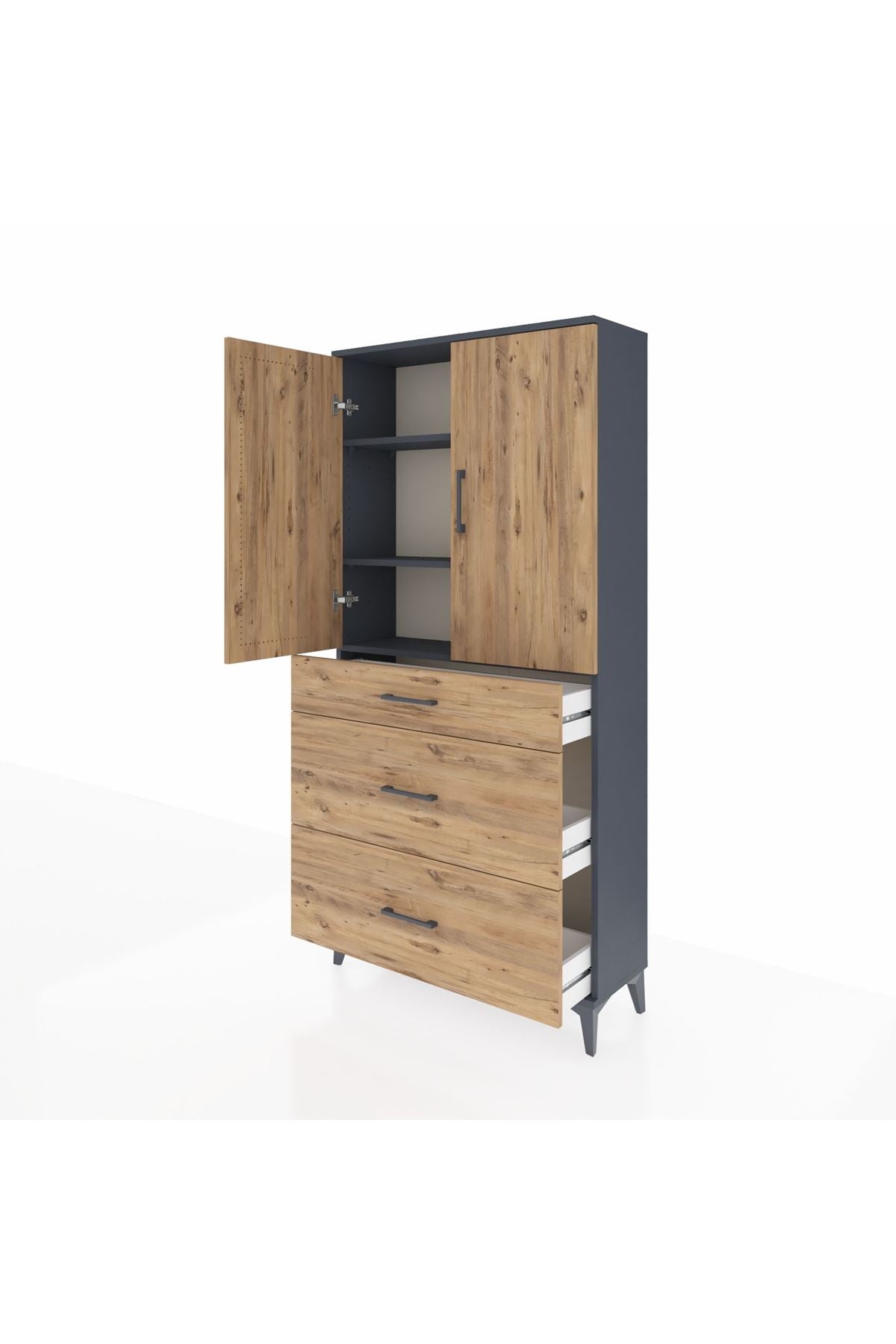 Arges Dolap 3 Raflı 3 Çekmeceli 2 Kapaklı 88x30x182 Antrasit-Çam