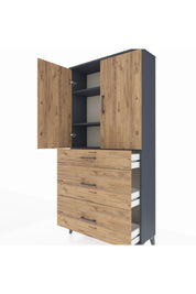 Arges Dolap 3 Raflı 3 Çekmeceli 2 Kapaklı 88x30x182 Antrasit-Çam