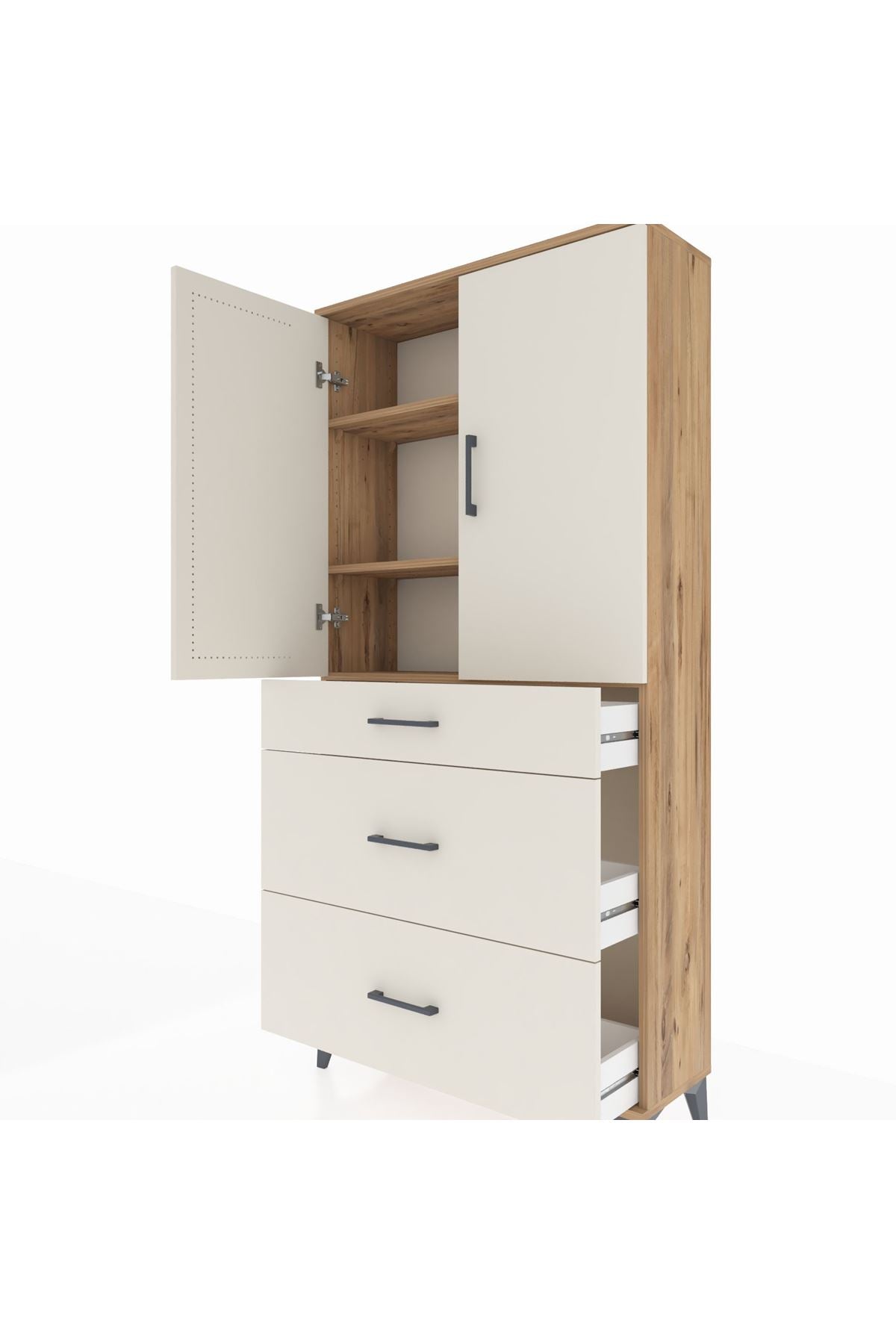 Arges Dolap 3 Raflı 3 Çekmeceli 2 Kapaklı 88x30x182 Çam-Aytaşı