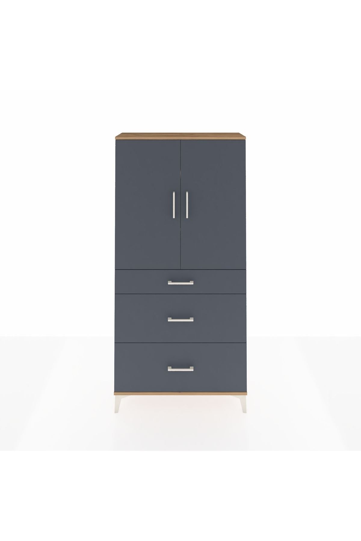 Arges Dolap 3 Raflı 3 Çekmeceli 2 Kapaklı 88x30x182 Çam-Antrasit