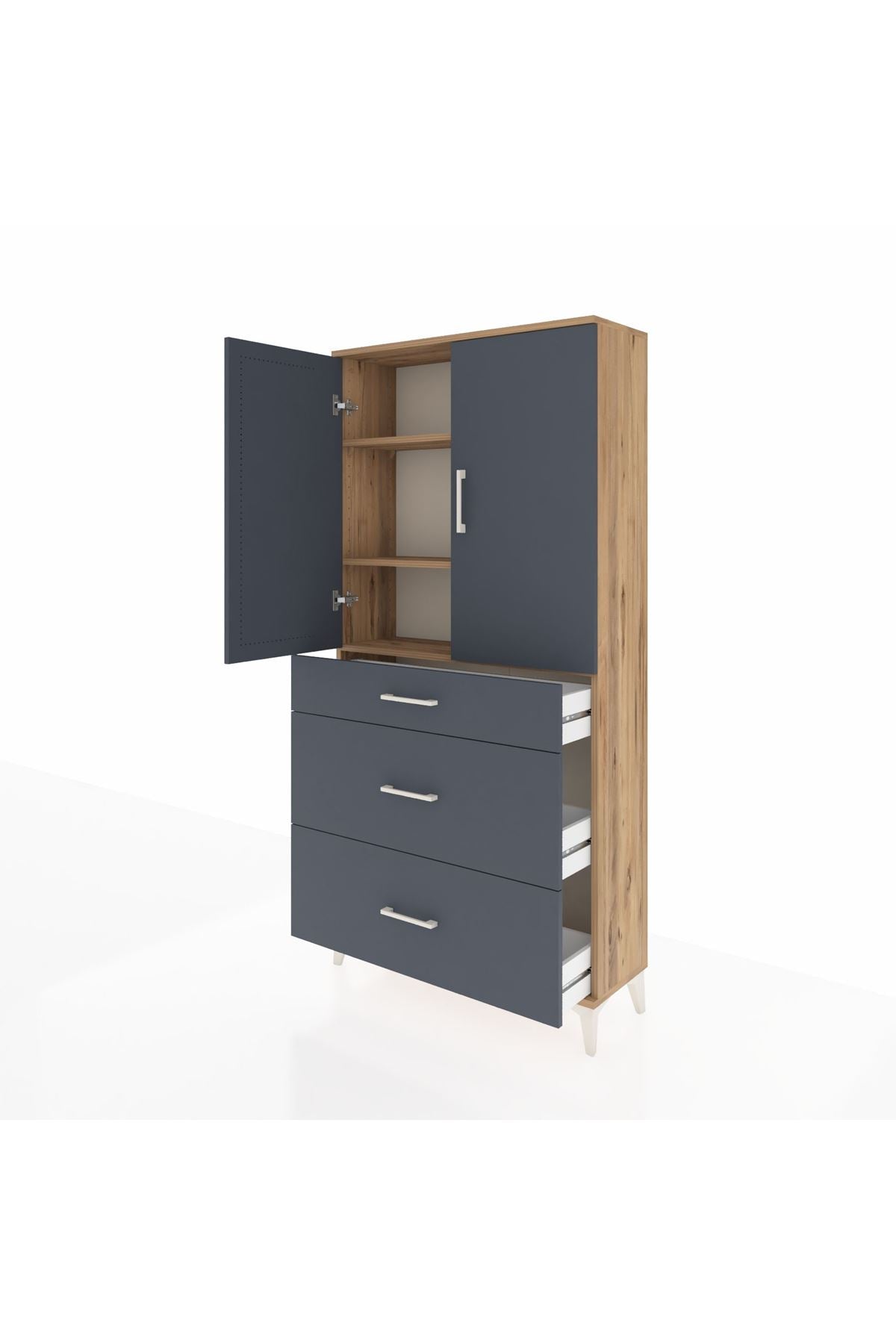 Arges Dolap 3 Raflı 3 Çekmeceli 2 Kapaklı 88x30x182 Çam-Antrasit