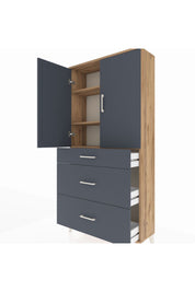 Arges Dolap 3 Raflı 3 Çekmeceli 2 Kapaklı 88x30x182 Çam-Antrasit