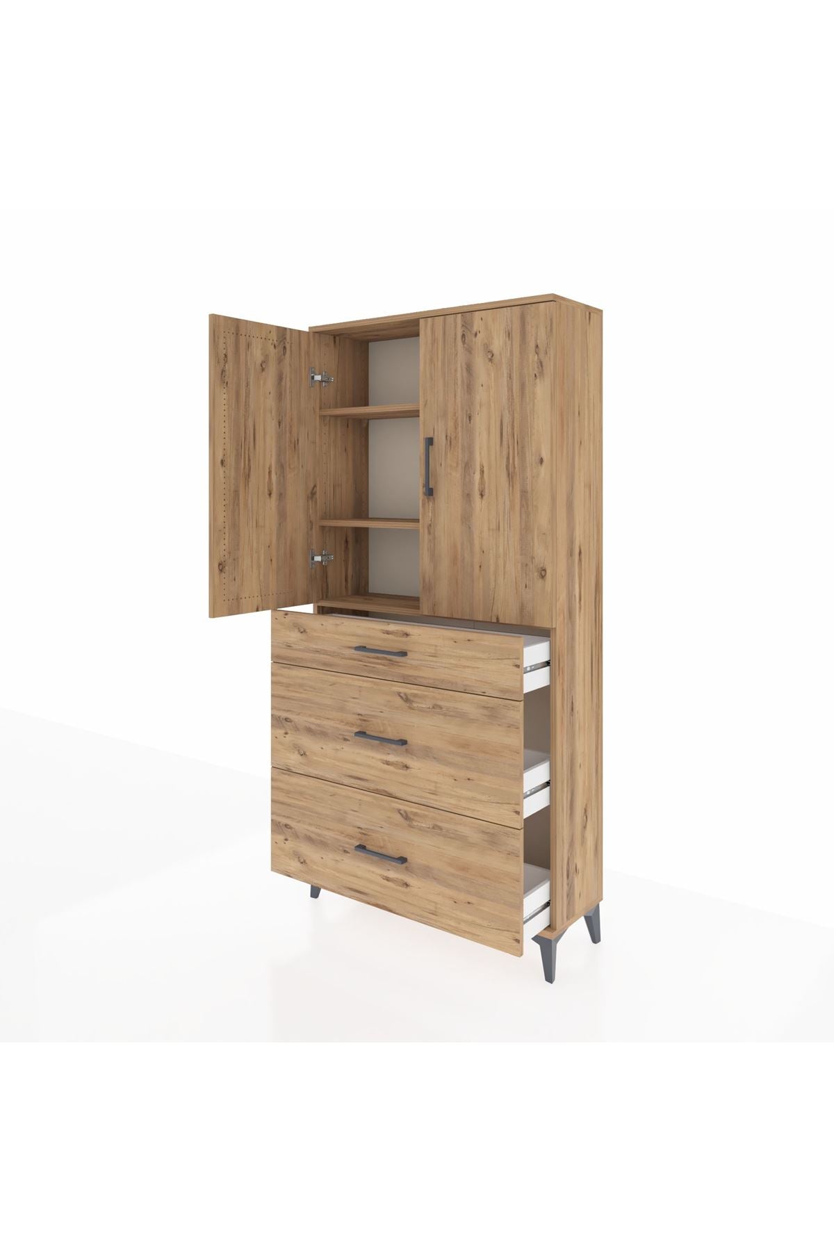 Arges Dolap 3 Raflı 3 Çekmeceli 2 Kapaklı 88x30x182 Çam-Çam