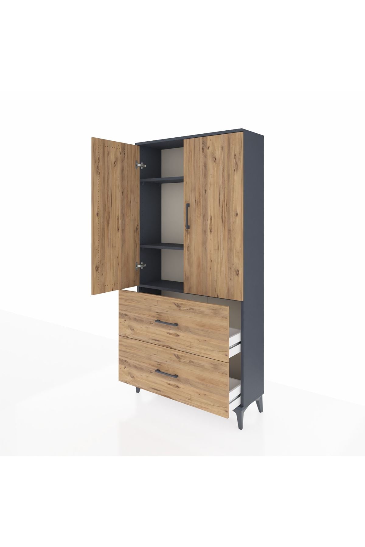 Arges Dolap 3 Raflı 2 Çekmeceli 2 Kapaklı 88x30x182 Antrasit-Çam