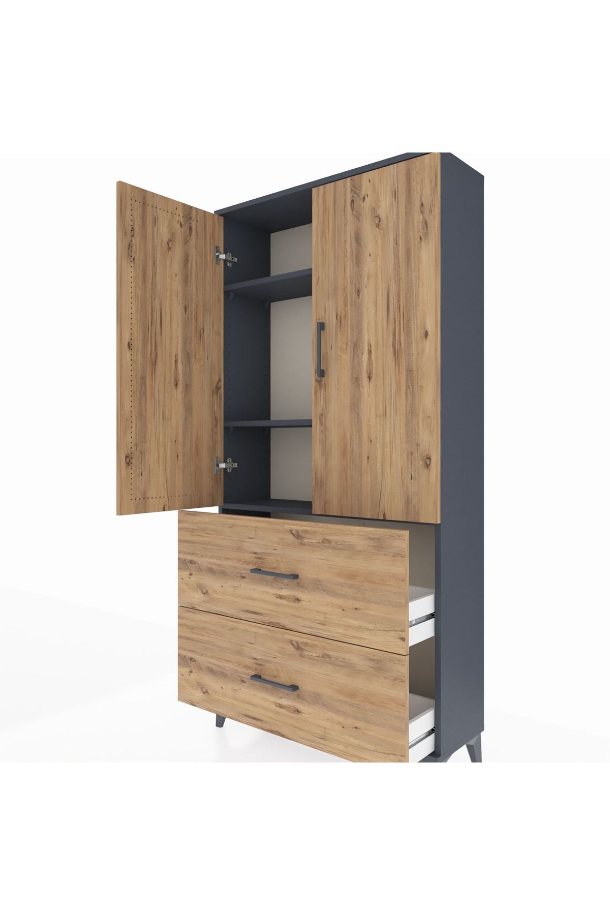 Arges Dolap 3 Raflı 2 Çekmeceli 2 Kapaklı 88x30x182 Antrasit-Çam