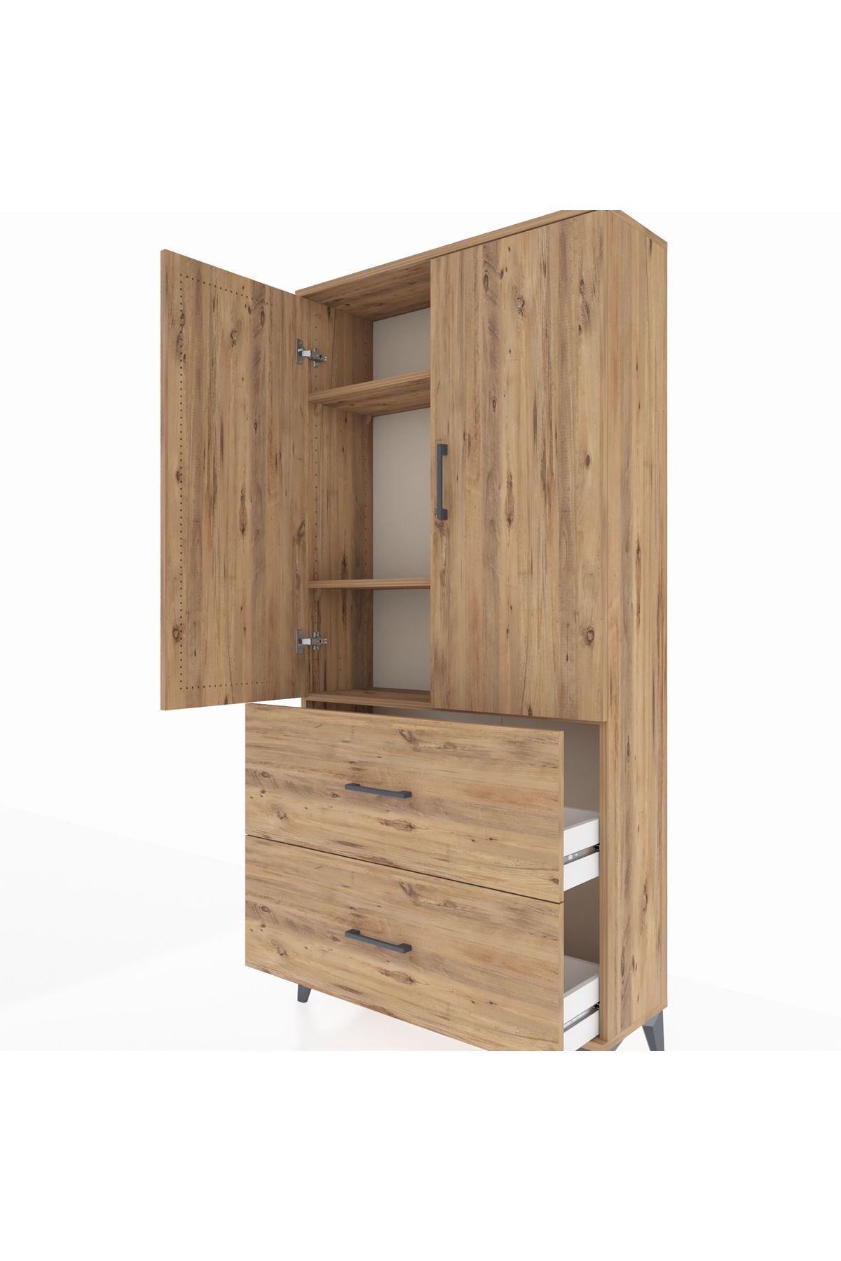 Arges Dolap 3 Raflı 2 Çekmeceli 2 Kapaklı 88x30x182 Çam-Çam