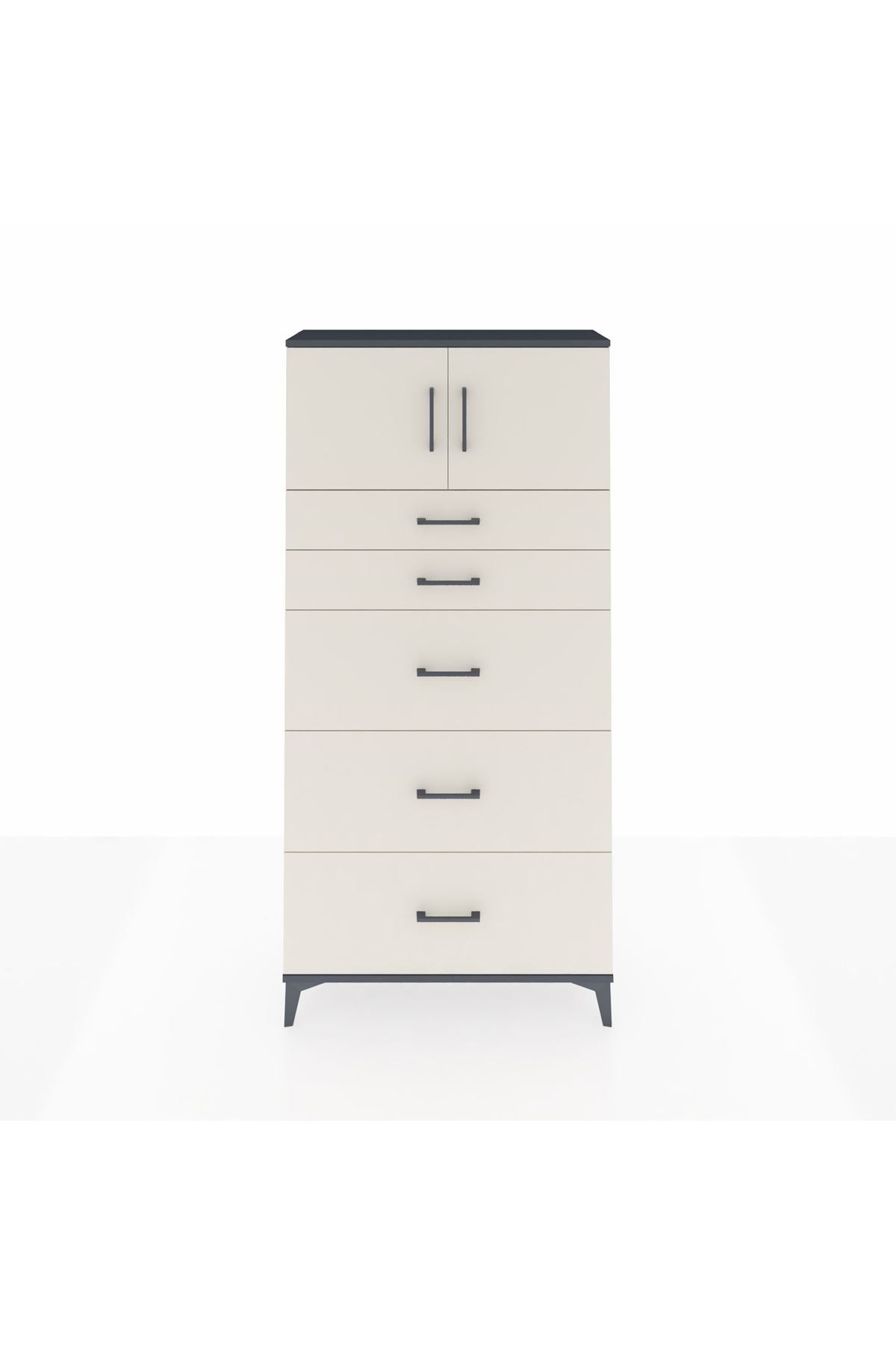 Arges Dolap Tek Raflı 5 Çekmeceli 2 Kapaklı 88x30x182 Antrasit-Aytaşı