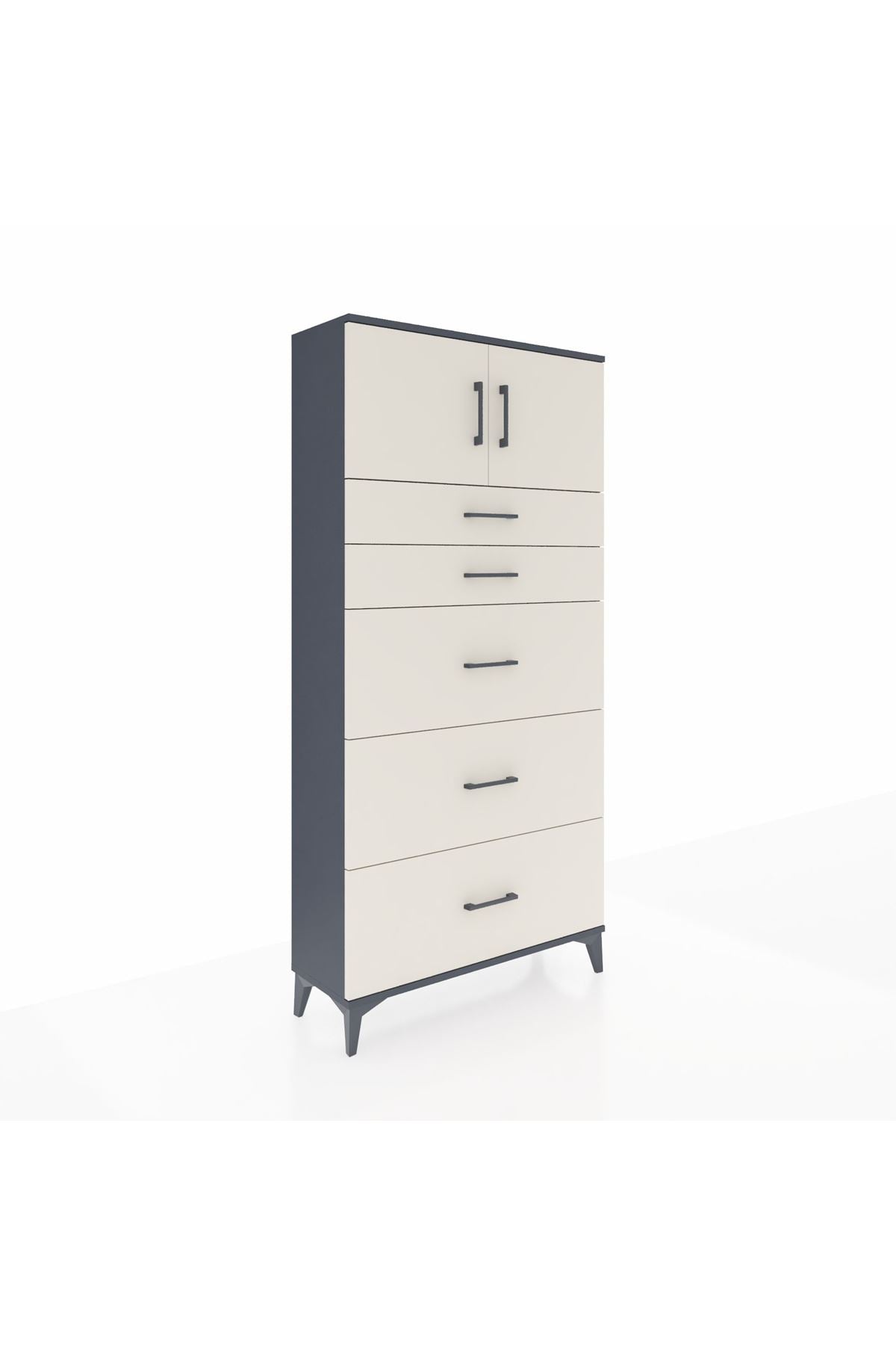 Arges Dolap Tek Raflı 5 Çekmeceli 2 Kapaklı 88x30x182 Antrasit-Aytaşı