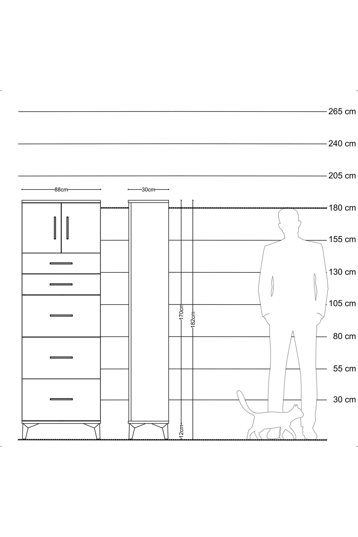 Arges Dolap Tek Raflı 5 Çekmeceli 2 Kapaklı 88x30x182 Antrasit-Aytaşı