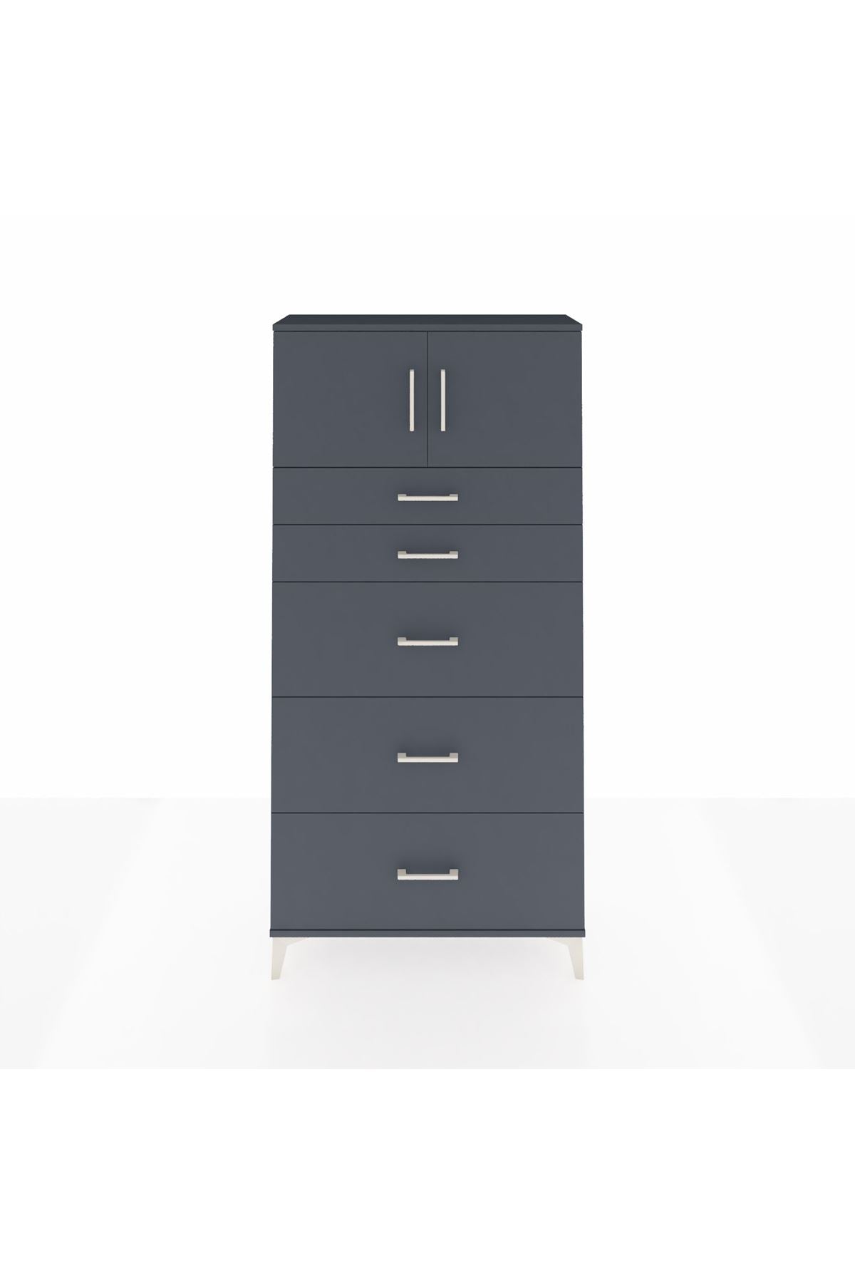 Arges Dolap Tek Raflı 5 Çekmeceli 2 Kapaklı 88x30x182 Antrasit-Antrasit