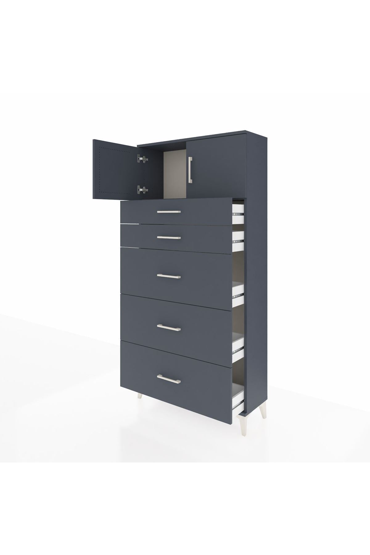 Arges Dolap Tek Raflı 5 Çekmeceli 2 Kapaklı 88x30x182 Antrasit-Antrasit