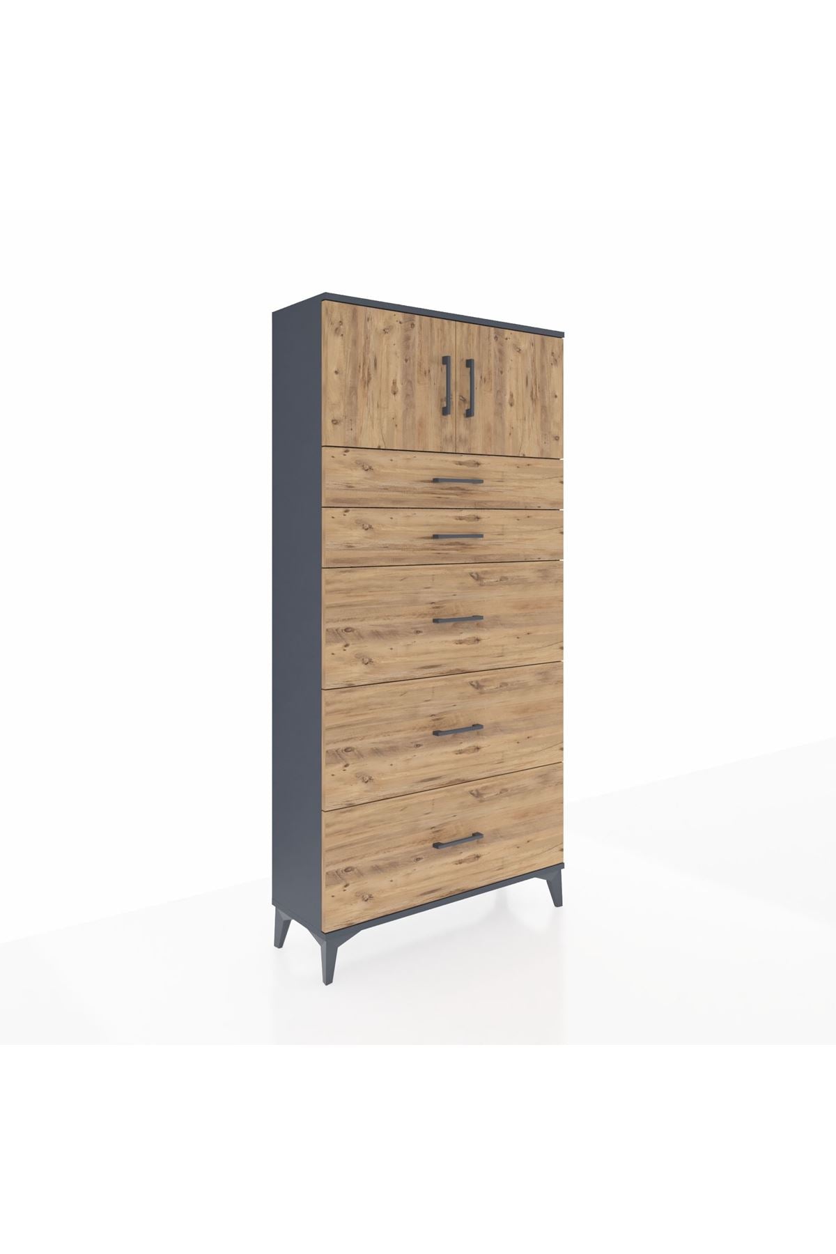 Arges Dolap Tek Raflı 5 Çekmeceli 2 Kapaklı 88x30x182 Antrasit-Çam