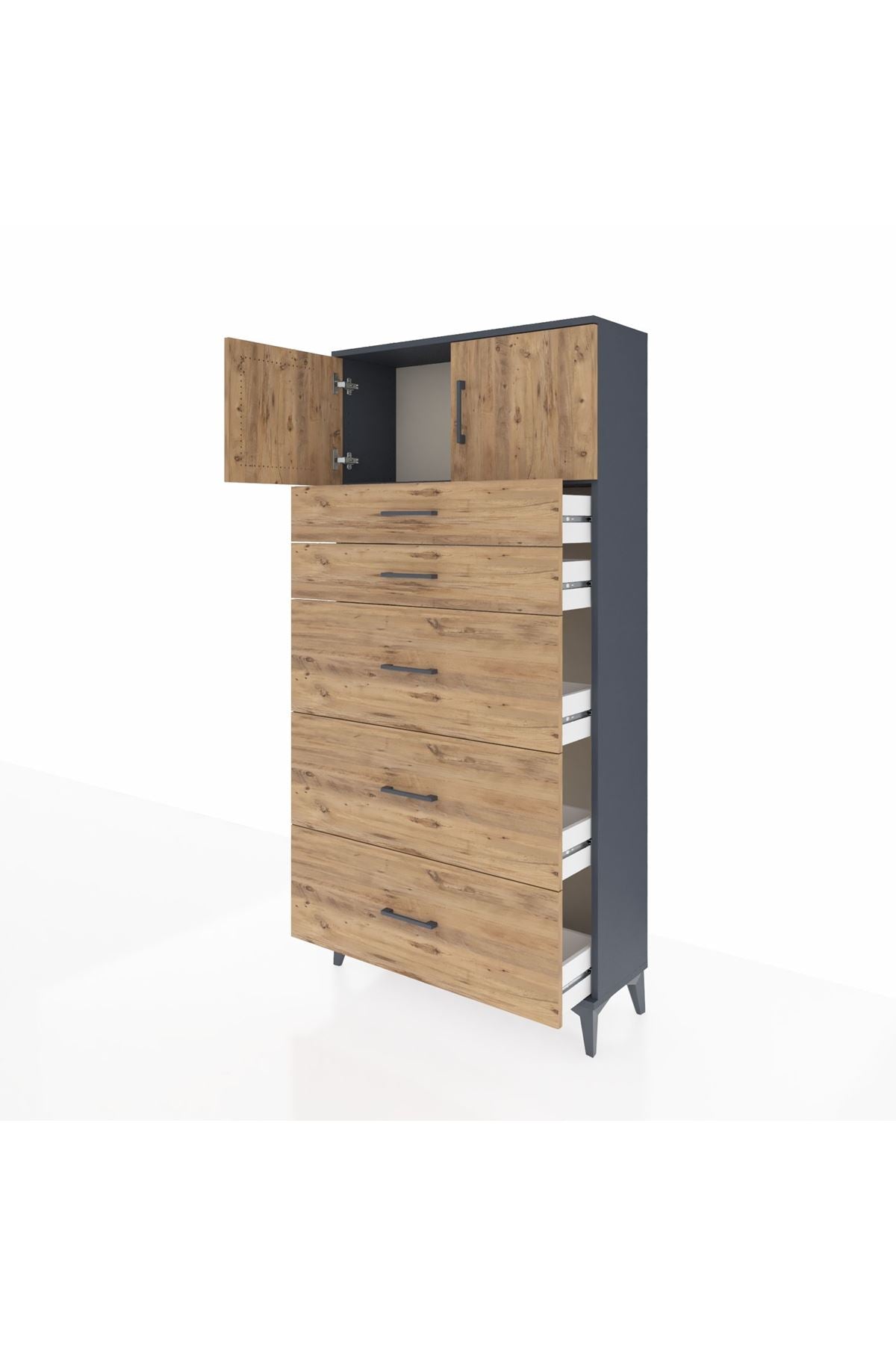 Arges Dolap Tek Raflı 5 Çekmeceli 2 Kapaklı 88x30x182 Antrasit-Çam