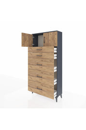 Arges Dolap Tek Raflı 5 Çekmeceli 2 Kapaklı 88x30x182 Antrasit-Çam