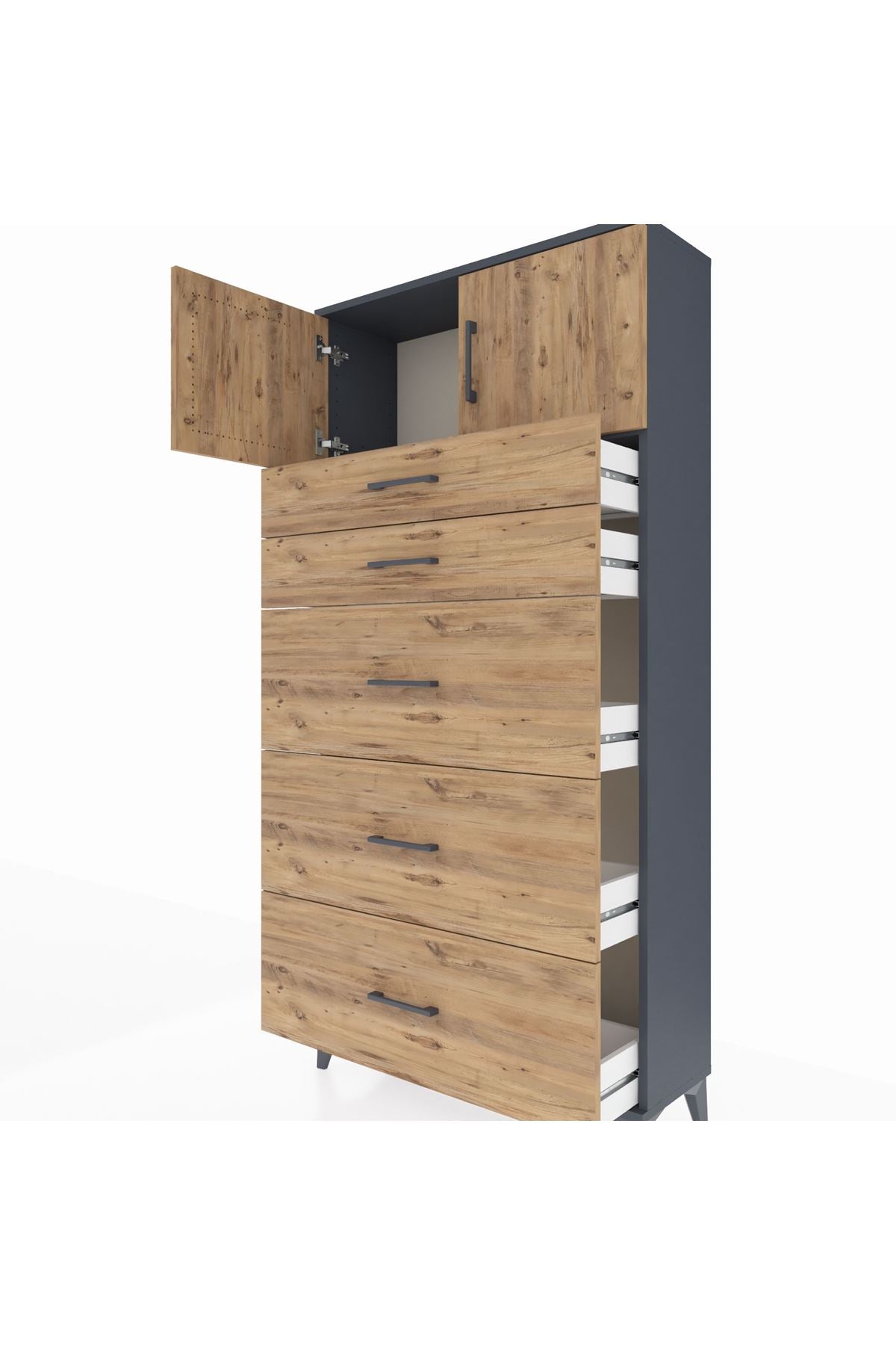 Arges Dolap Tek Raflı 5 Çekmeceli 2 Kapaklı 88x30x182 Antrasit-Çam