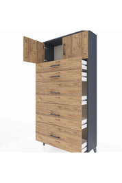 Arges Dolap Tek Raflı 5 Çekmeceli 2 Kapaklı 88x30x182 Antrasit-Çam