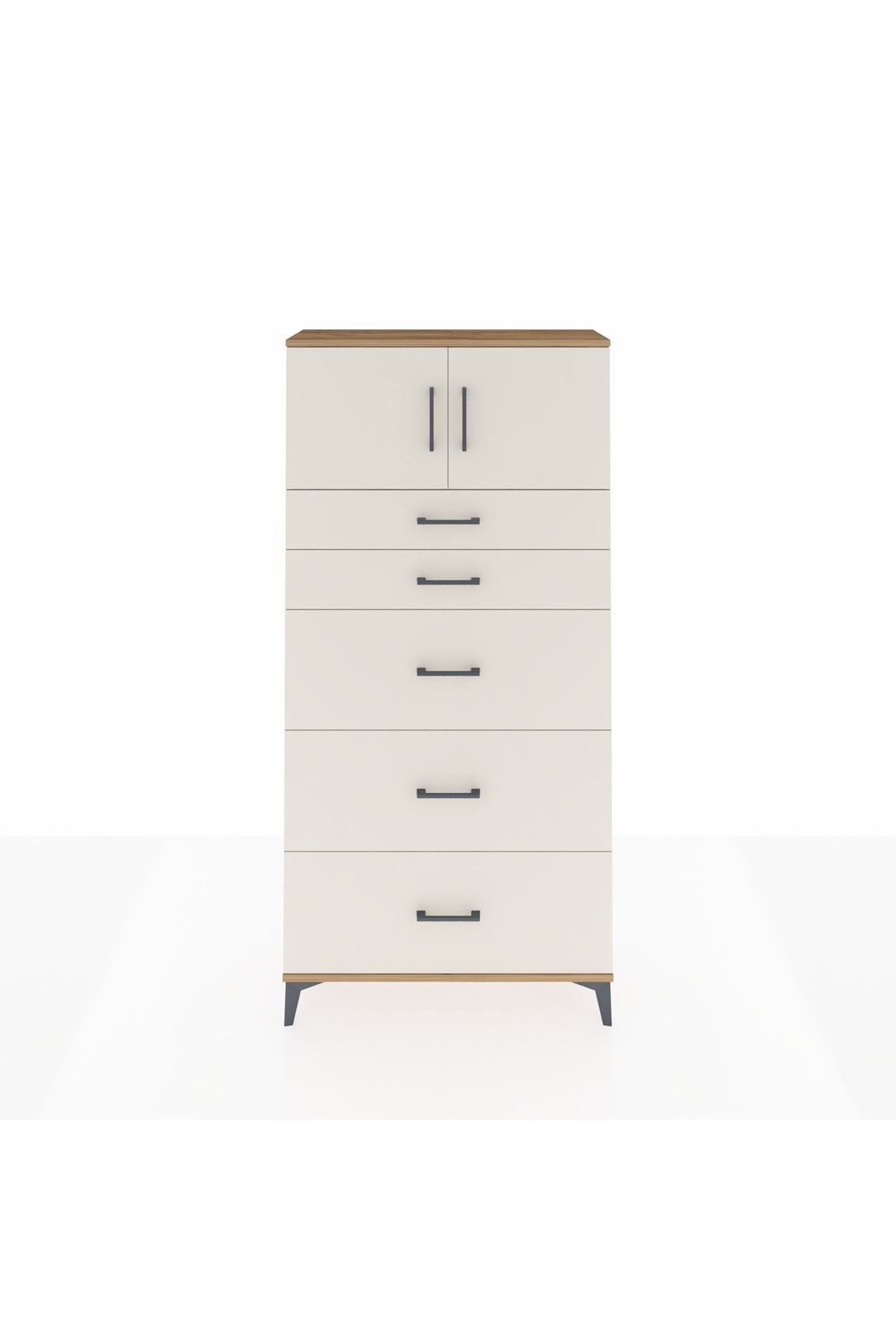 Arges Dolap Tek Raflı 5 Çekmeceli 2 Kapaklı 88x30x182 Çam-Aytaşı