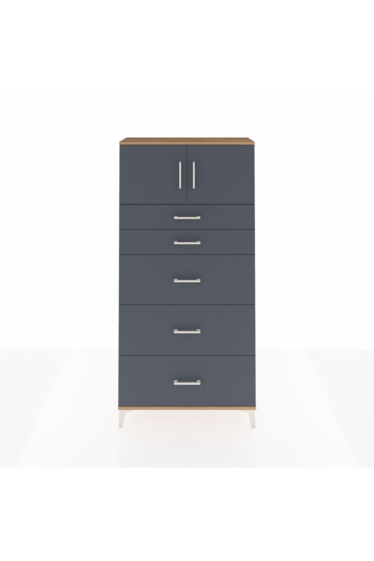 Arges Dolap Tek Raflı 5 Çekmeceli 2 Kapaklı 88x30x182 Çam-Antrasit