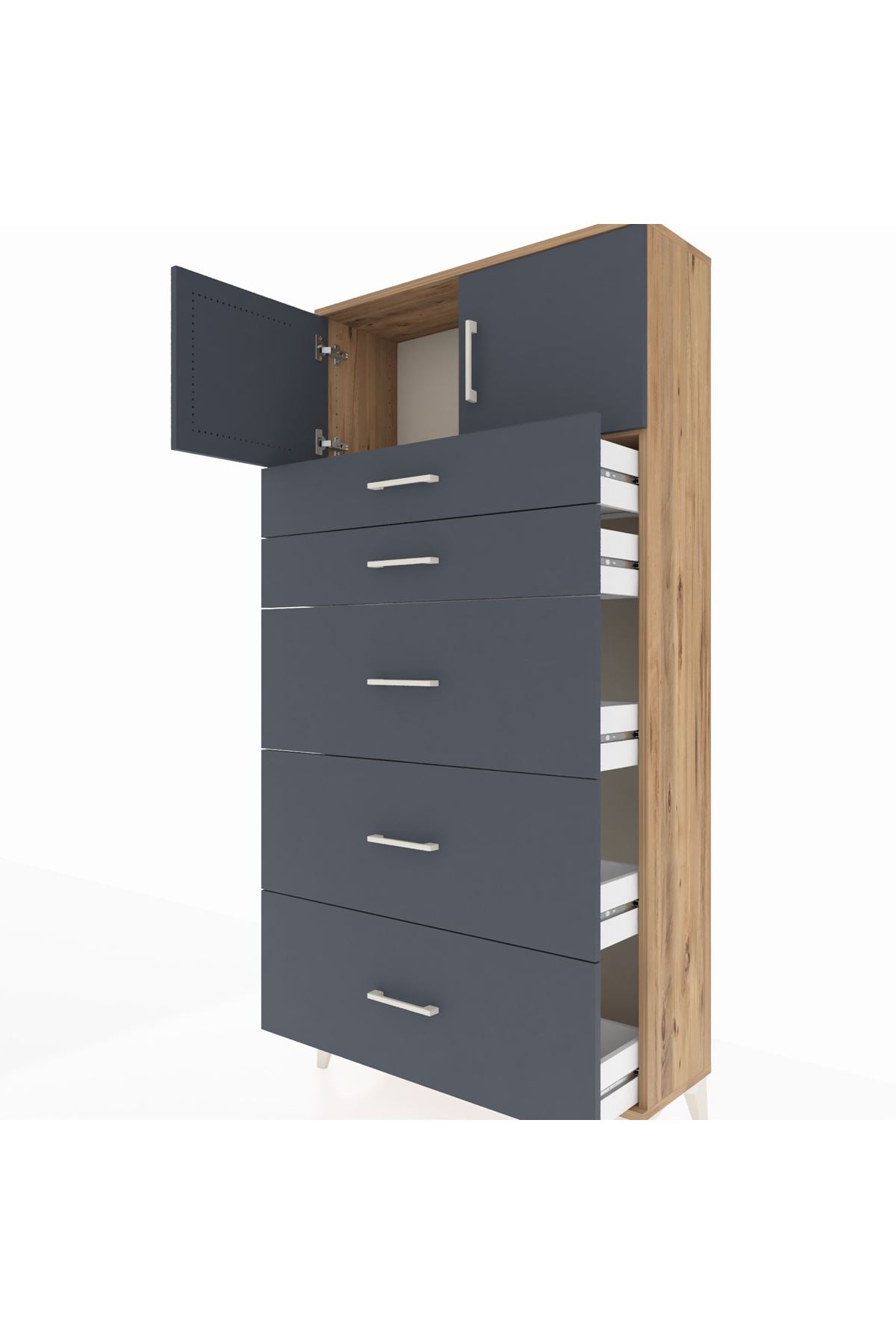 Arges Dolap Tek Raflı 5 Çekmeceli 2 Kapaklı 88x30x182 Çam-Antrasit