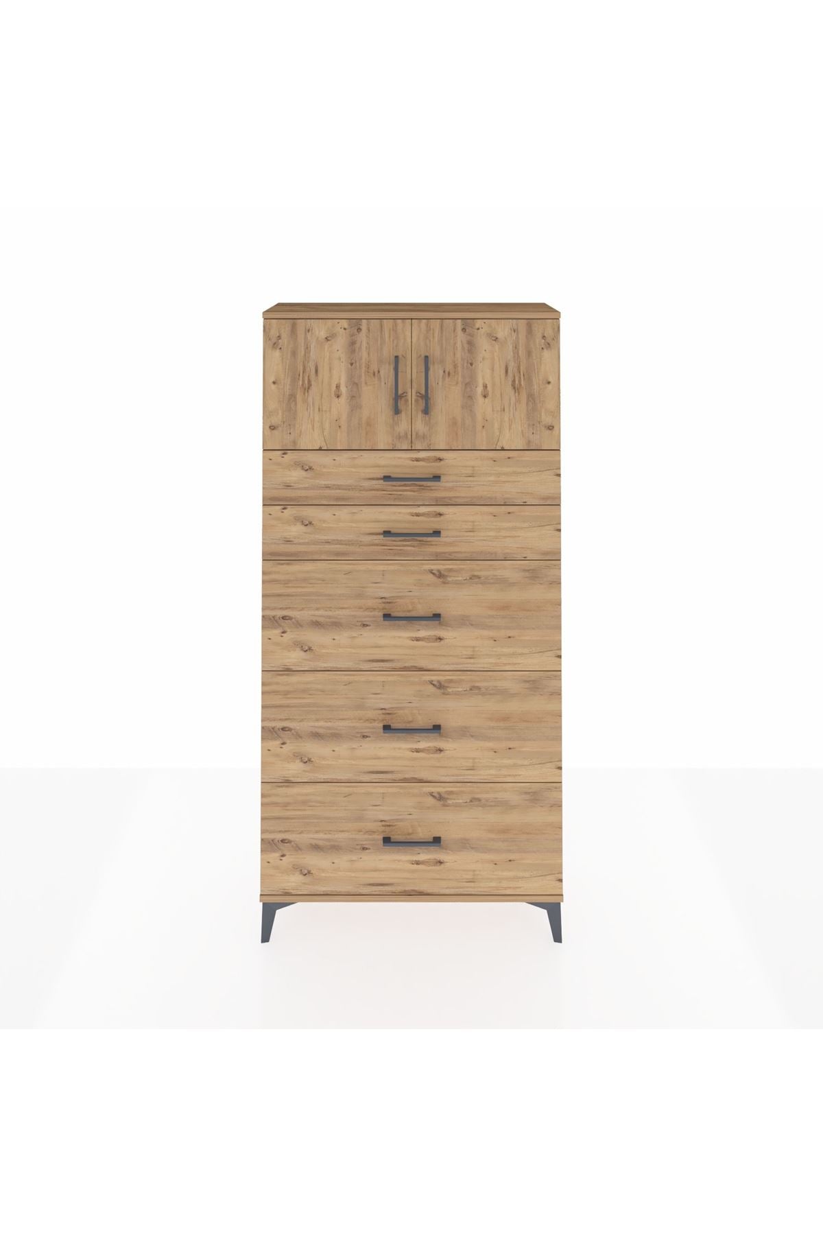 Arges Dolap Tek Raflı 5 Çekmeceli 2 Kapaklı 88x30x182 Çam-Çam