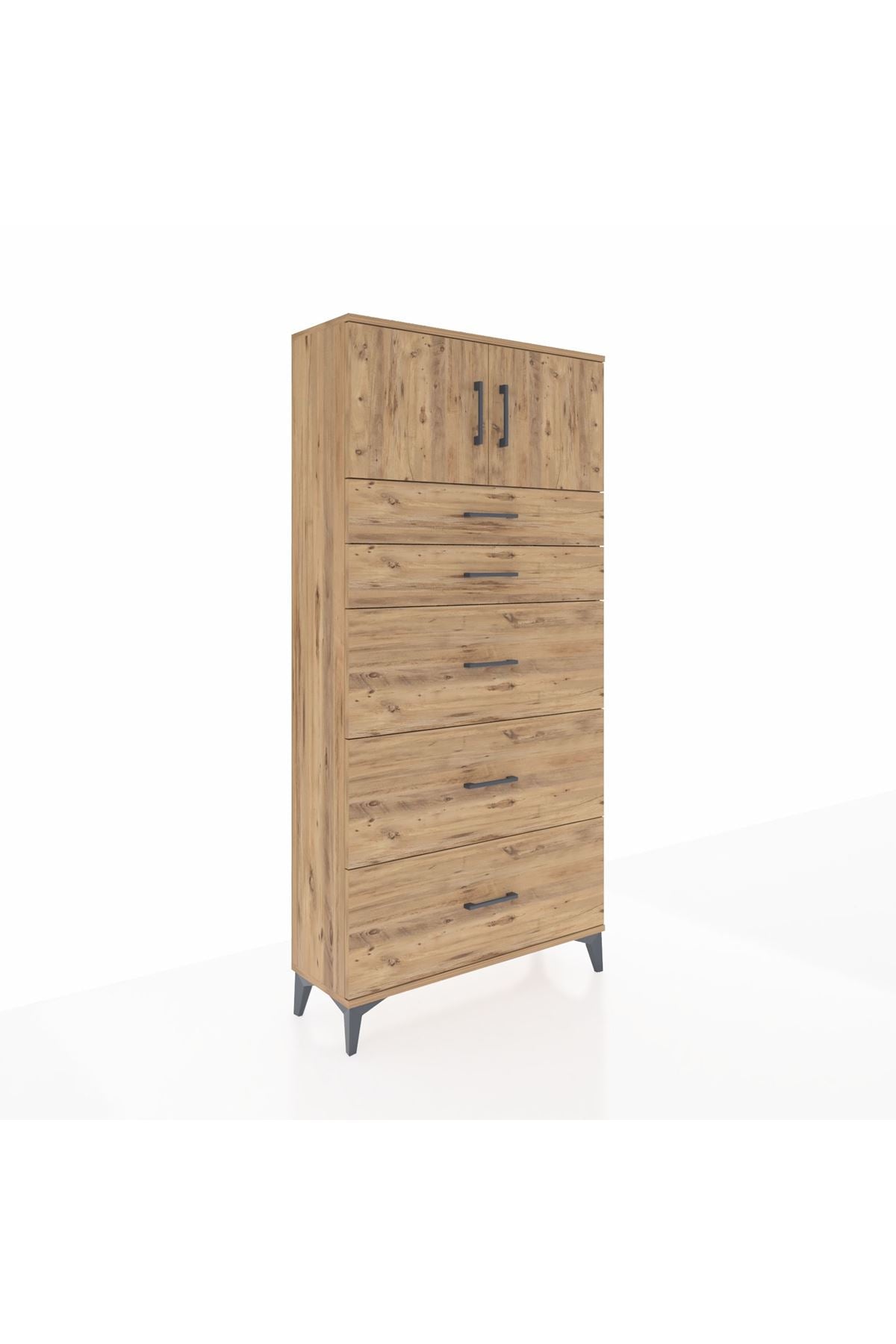 Arges Dolap Tek Raflı 5 Çekmeceli 2 Kapaklı 88x30x182 Çam-Çam