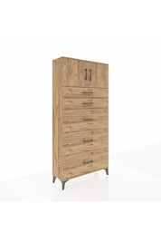 Arges Dolap Tek Raflı 5 Çekmeceli 2 Kapaklı 88x30x182 Çam-Çam