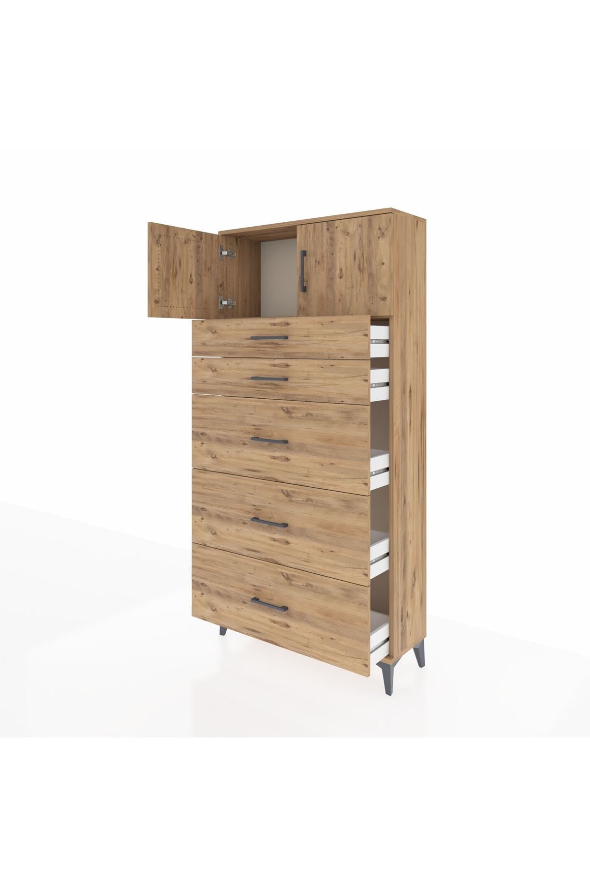 Arges Dolap Tek Raflı 5 Çekmeceli 2 Kapaklı 88x30x182 Çam-Çam