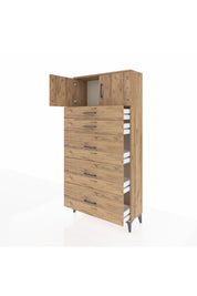 Arges Dolap Tek Raflı 5 Çekmeceli 2 Kapaklı 88x30x182 Çam-Çam