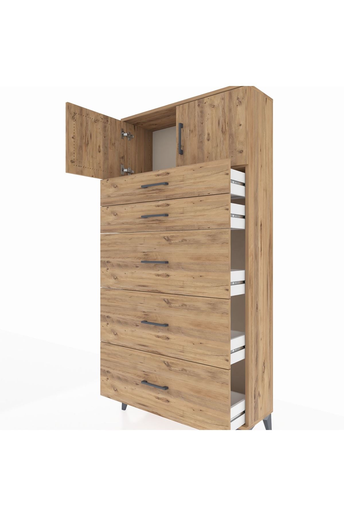 Arges Dolap Tek Raflı 5 Çekmeceli 2 Kapaklı 88x30x182 Çam-Çam