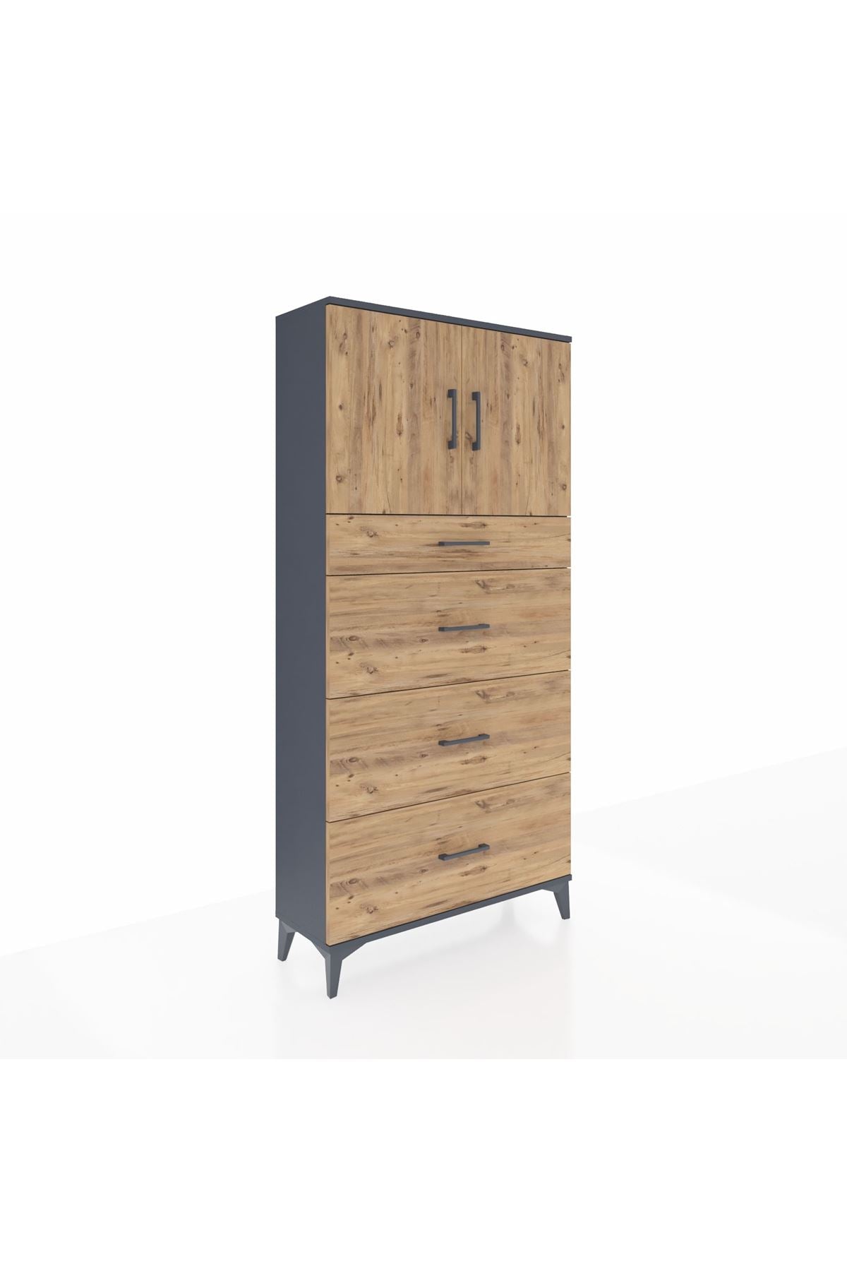 Arges Dolap 2 Raflı 4 Çekmeceli 2 Kapaklı 88x30x182 Antrasit-Çam