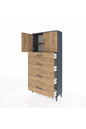 Arges Dolap 2 Raflı 4 Çekmeceli 2 Kapaklı 88x30x182 Antrasit-Çam