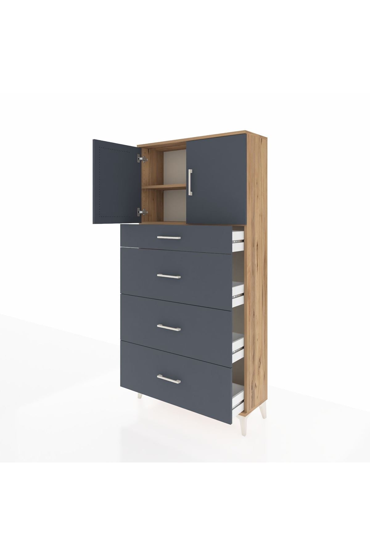 Arges Dolap 2 Raflı 4 Çekmeceli 2 Kapaklı 88x30x182 Çam-Antrasit