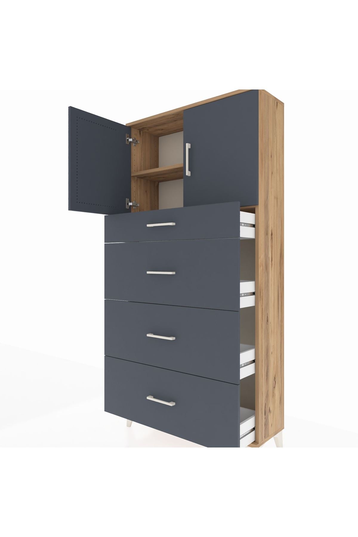 Arges Dolap 2 Raflı 4 Çekmeceli 2 Kapaklı 88x30x182 Çam-Antrasit