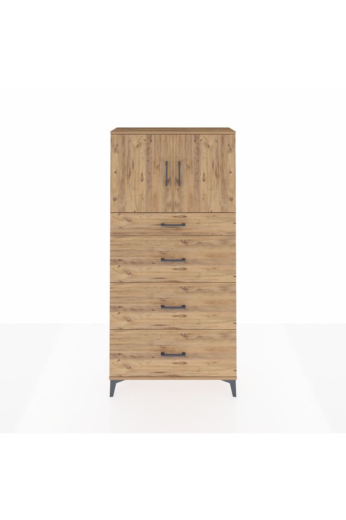 Arges Dolap 2 Raflı 4 Çekmeceli 2 Kapaklı 88x30x182 Çam-Çam