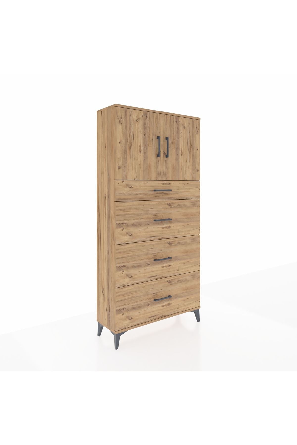 Arges Dolap 2 Raflı 4 Çekmeceli 2 Kapaklı 88x30x182 Çam-Çam