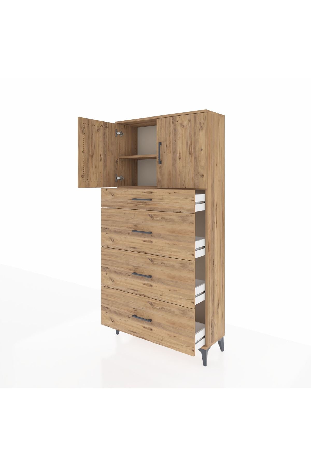 Arges Dolap 2 Raflı 4 Çekmeceli 2 Kapaklı 88x30x182 Çam-Çam