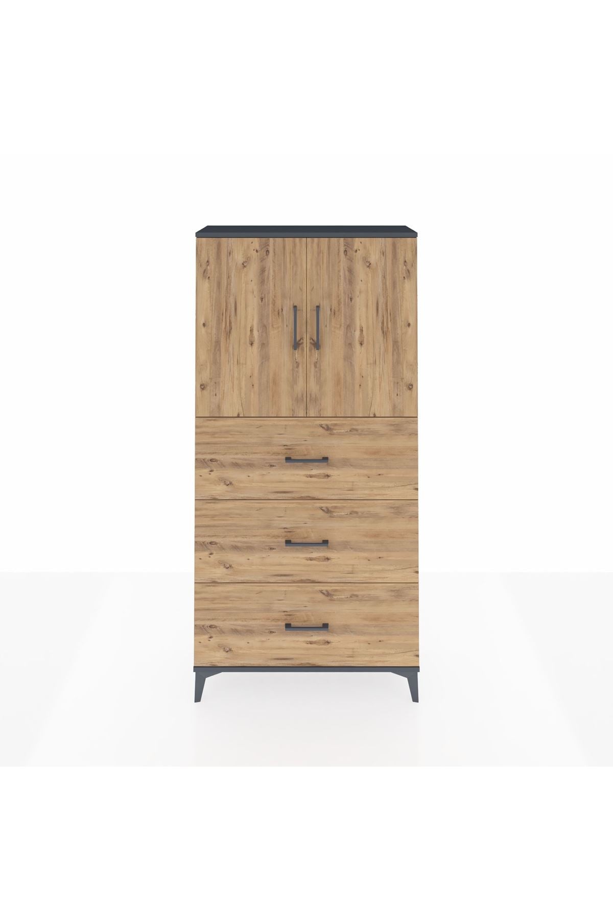 Arges Dolap 2 Raflı 3 Çekmeceli 2 Kapaklı 88x30x182 Antrasit-Çam