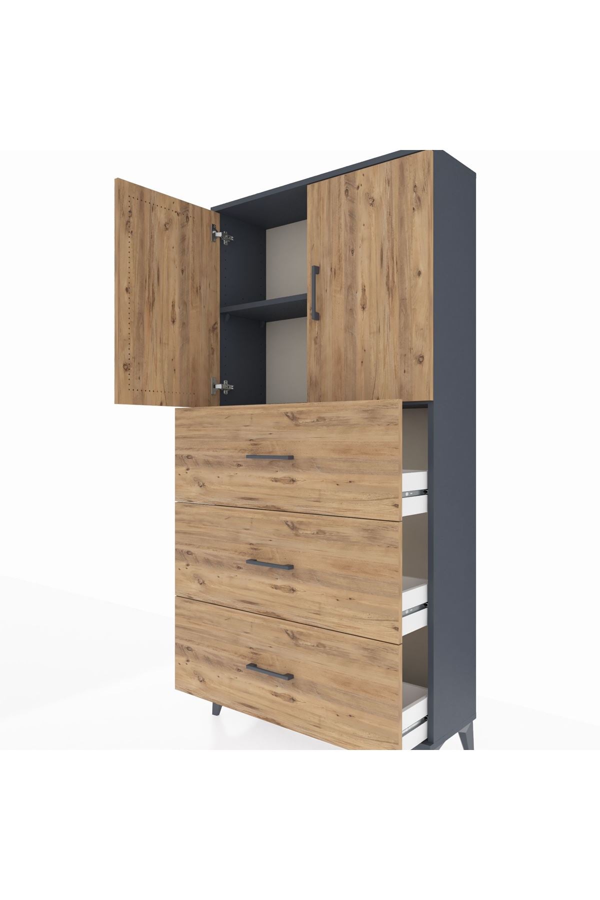 Arges Dolap 2 Raflı 3 Çekmeceli 2 Kapaklı 88x30x182 Antrasit-Çam