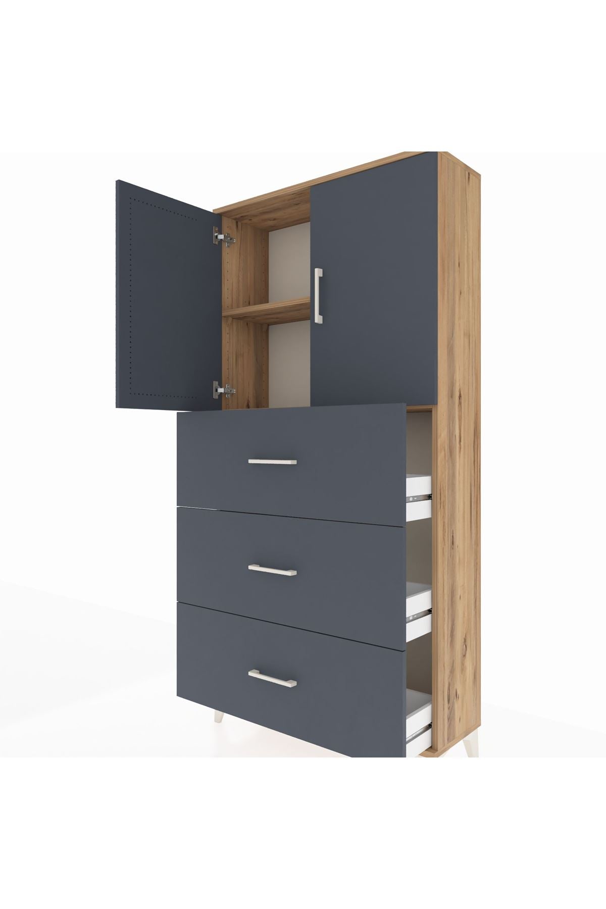 Arges Dolap 2 Raflı 3 Çekmeceli 2 Kapaklı 88x30x182 Çam-Antrasit